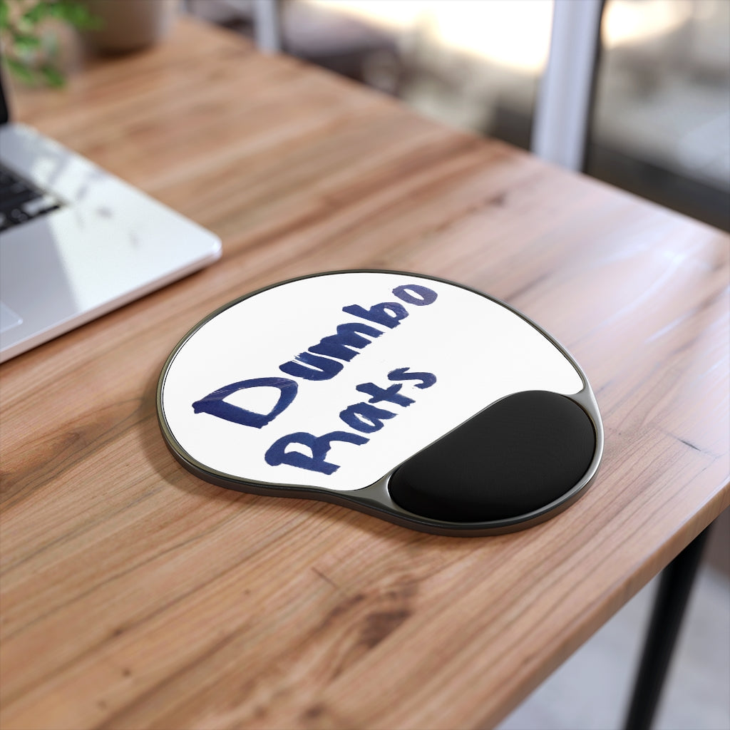 Dumbo Rats Mouse Pad with ergonomic wrist rest, featuring a unique foot shape and customizable neoprene insert.