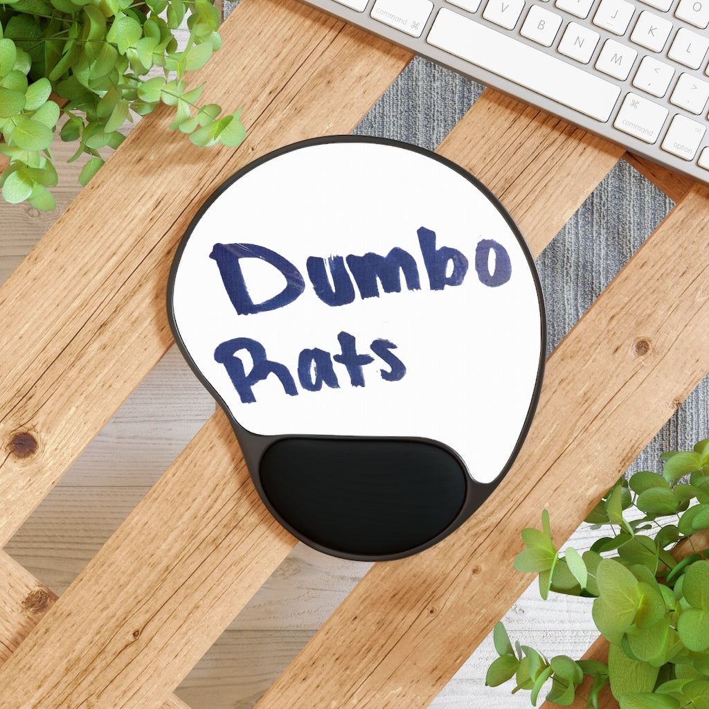Dumbo Rats Mouse Pad with ergonomic wrist rest, featuring a unique foot shape and customizable neoprene insert.