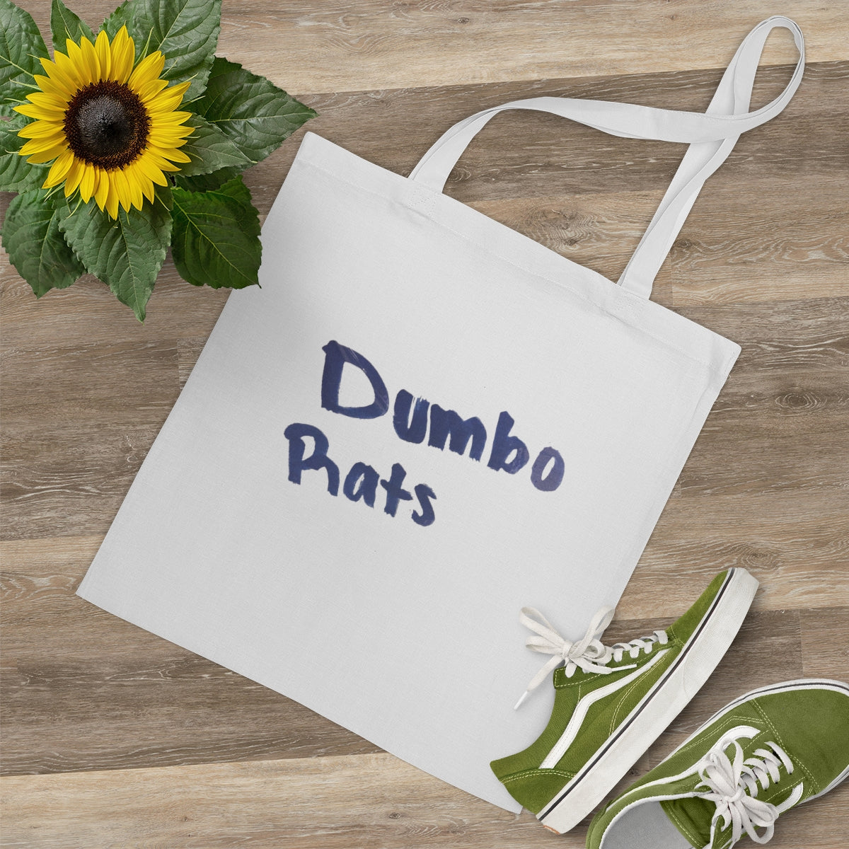 Dumbo Rats Tote Bag featuring long handles and cross-stitched design, made from 100% cotton fabric in various colors.