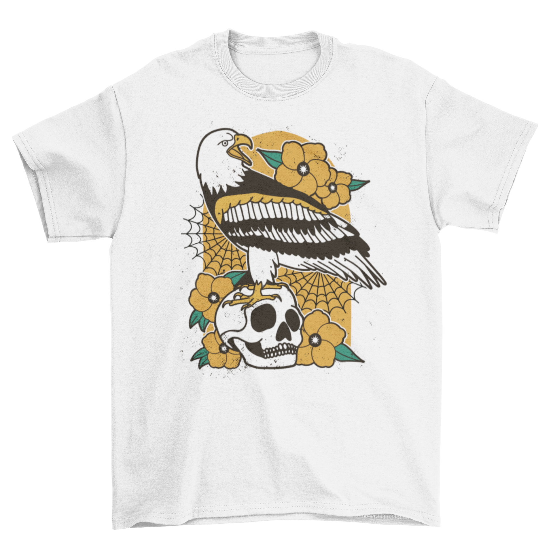Eagle perched on a skull surrounded by tropical flowers on a t-shirt.
