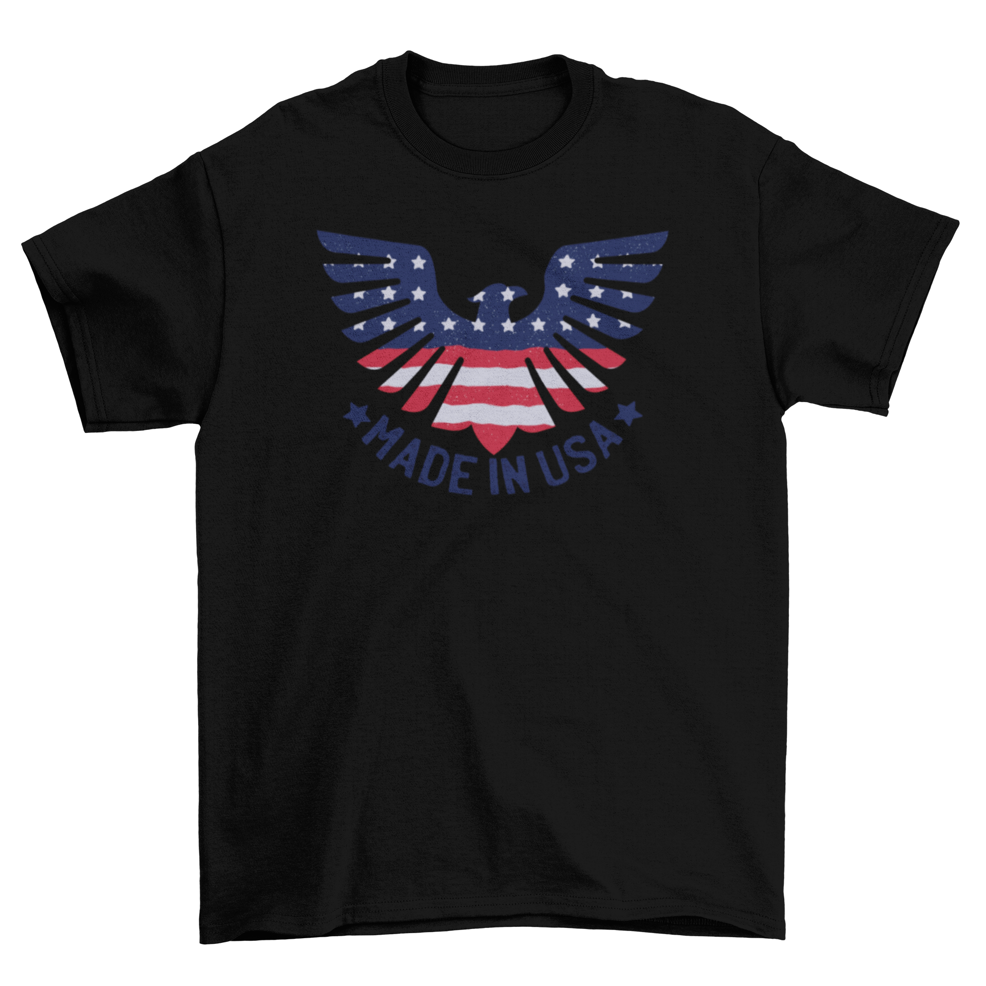 Eagle t-shirt design featuring an eagle with spread wings and the American flag, captioned 'Made in USA'.