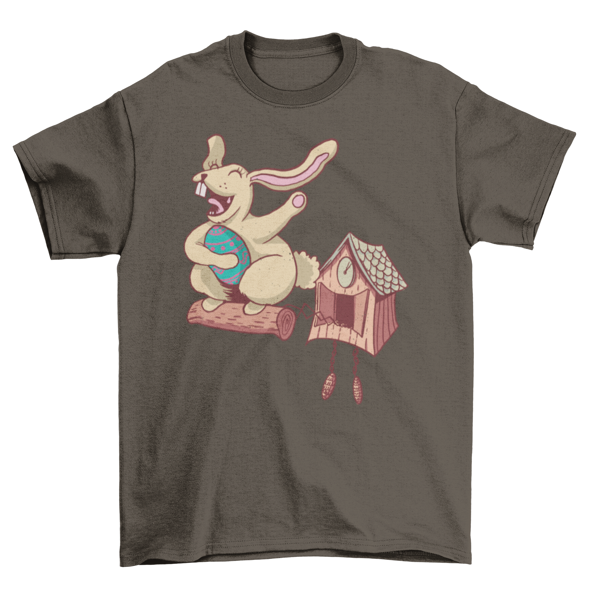 Easter bunny cuckoo clock t-shirt featuring a bunny jumping out of a clock with an Easter egg.