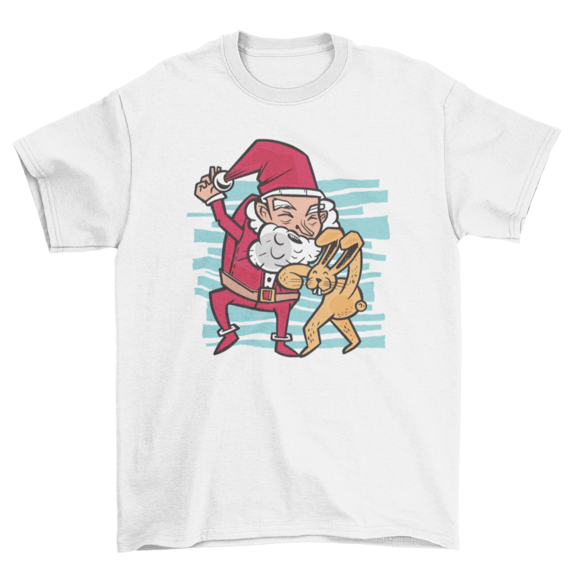 A humorous t-shirt design featuring the Easter bunny playfully kicking Santa Claus out of the picture, showcasing vibrant colors and fun graphics.