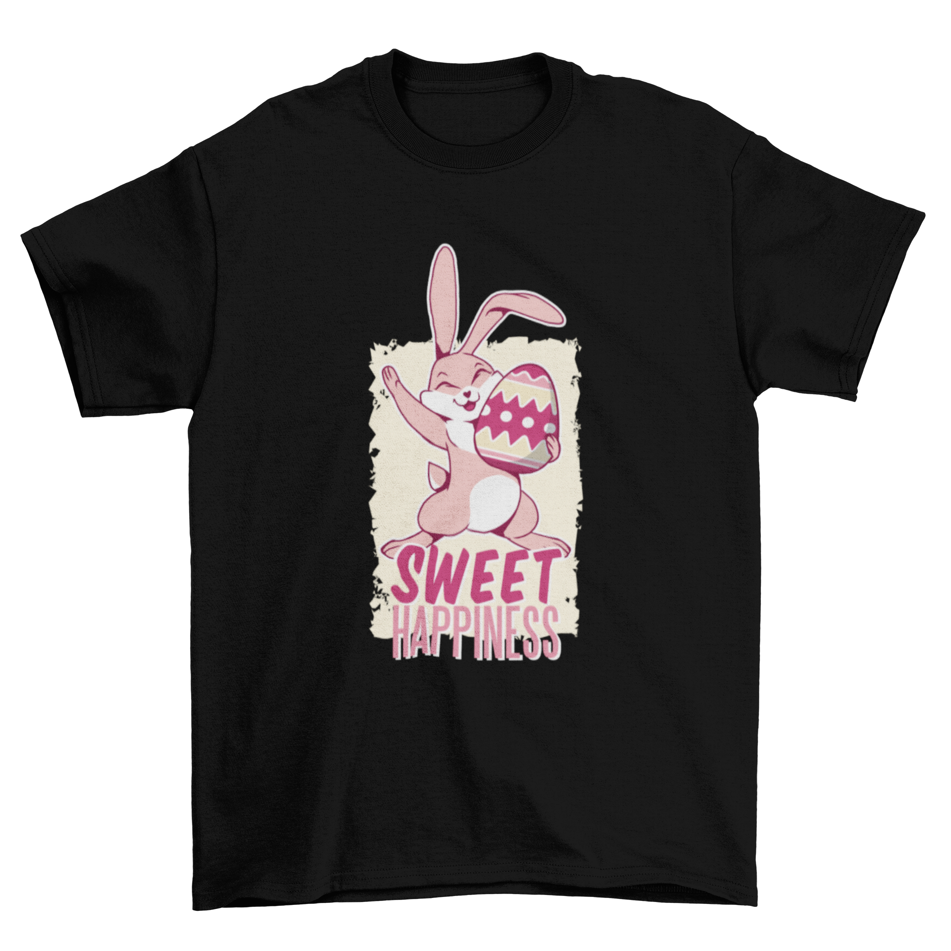 Easter Bunny T-shirt design featuring a cute bunny holding an Easter egg with the quote 'SWEET HAPPINESS'.