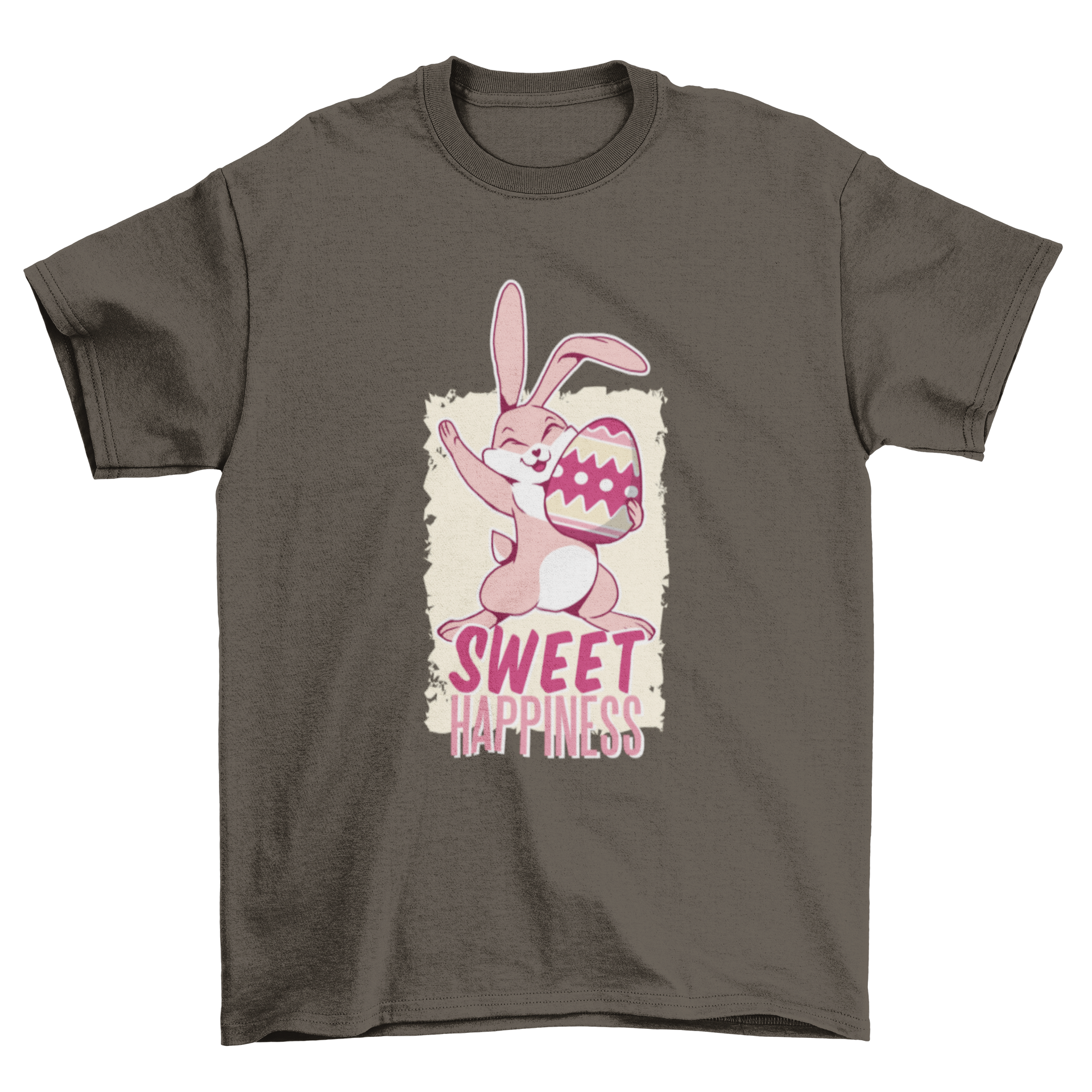 Easter Bunny T-shirt design featuring a cute bunny holding an Easter egg with the quote 'SWEET HAPPINESS'.