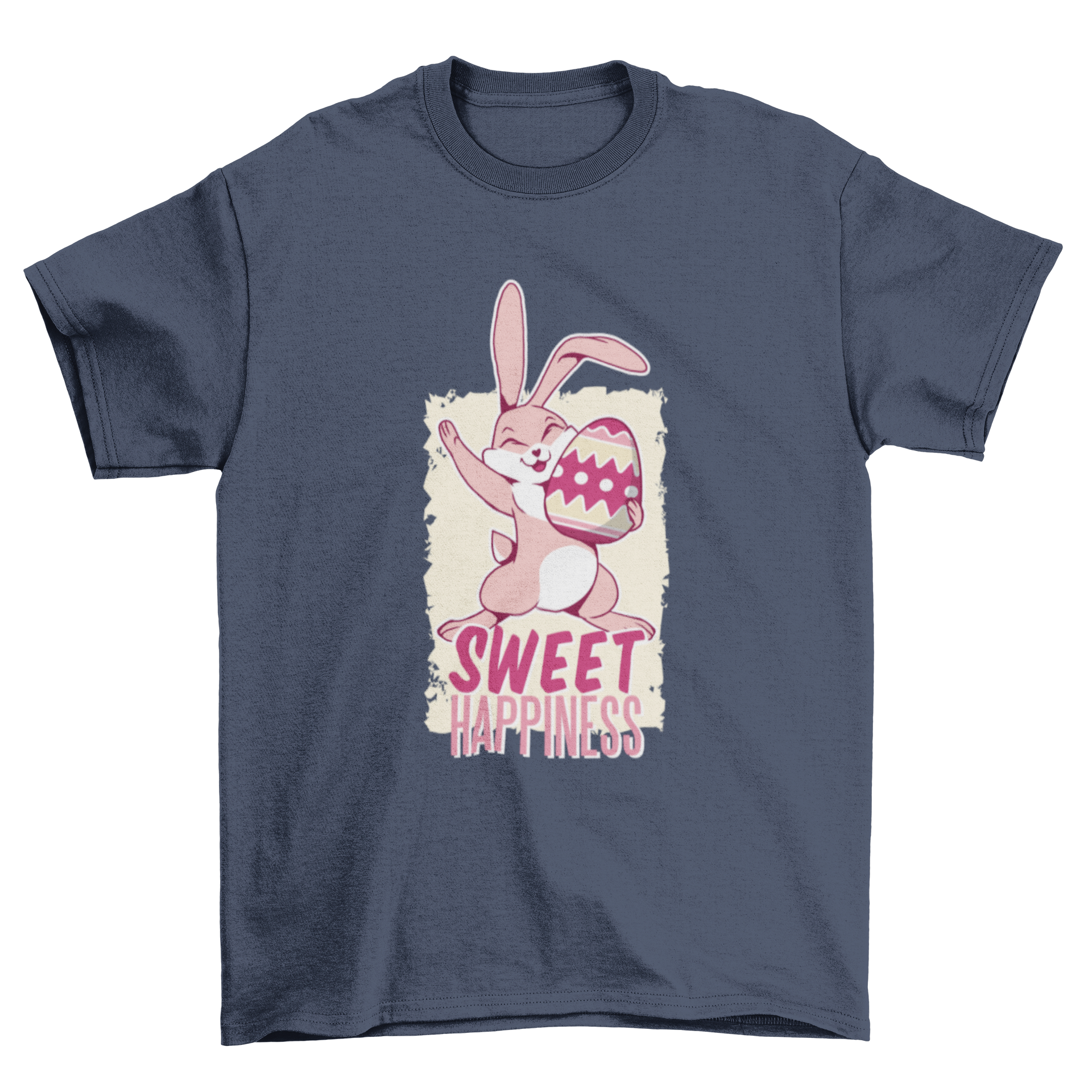 Easter Bunny T-shirt design featuring a cute bunny holding an Easter egg with the quote 'SWEET HAPPINESS'.