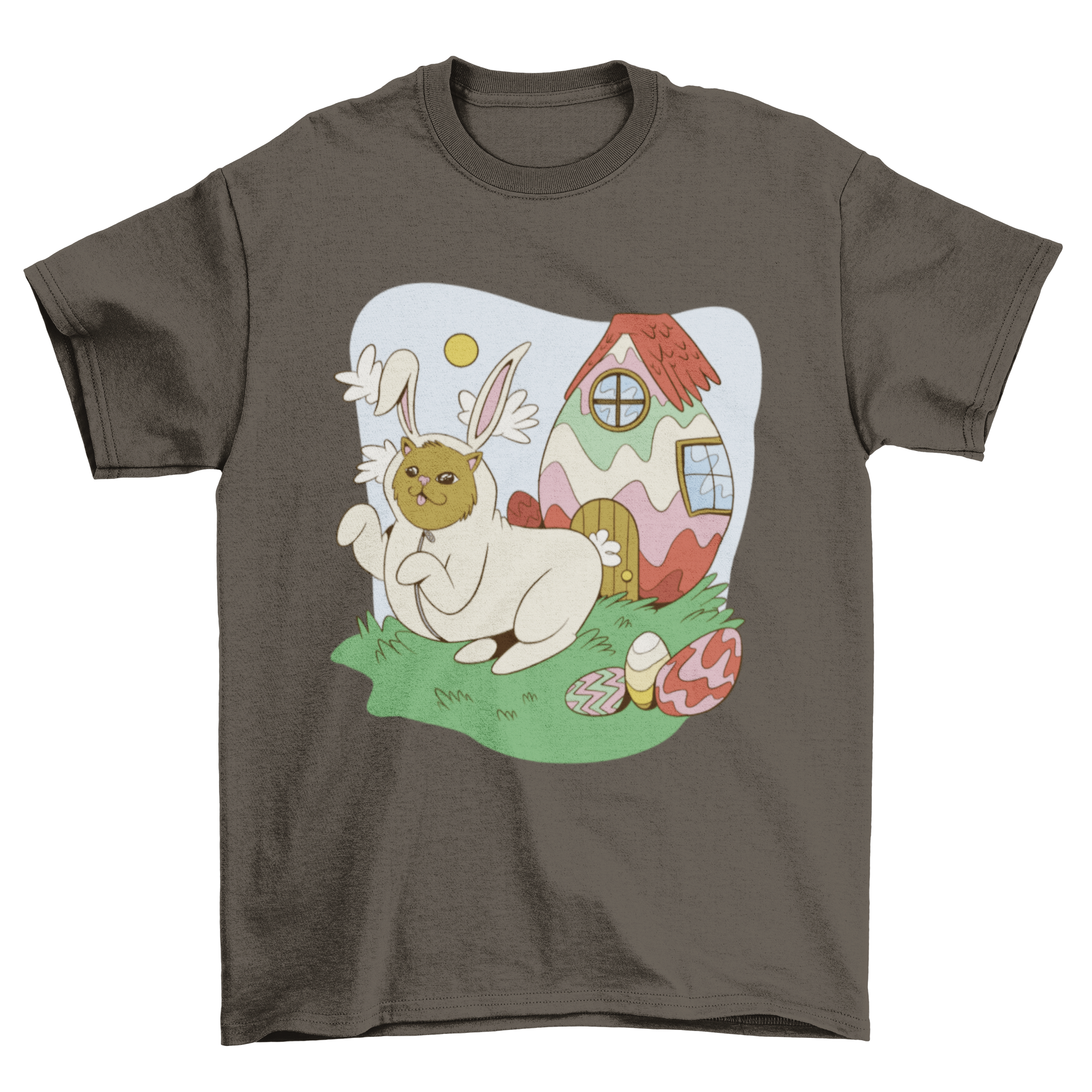 A playful cat dressed in a bunny costume surrounded by colorful Easter eggs on a t-shirt design.