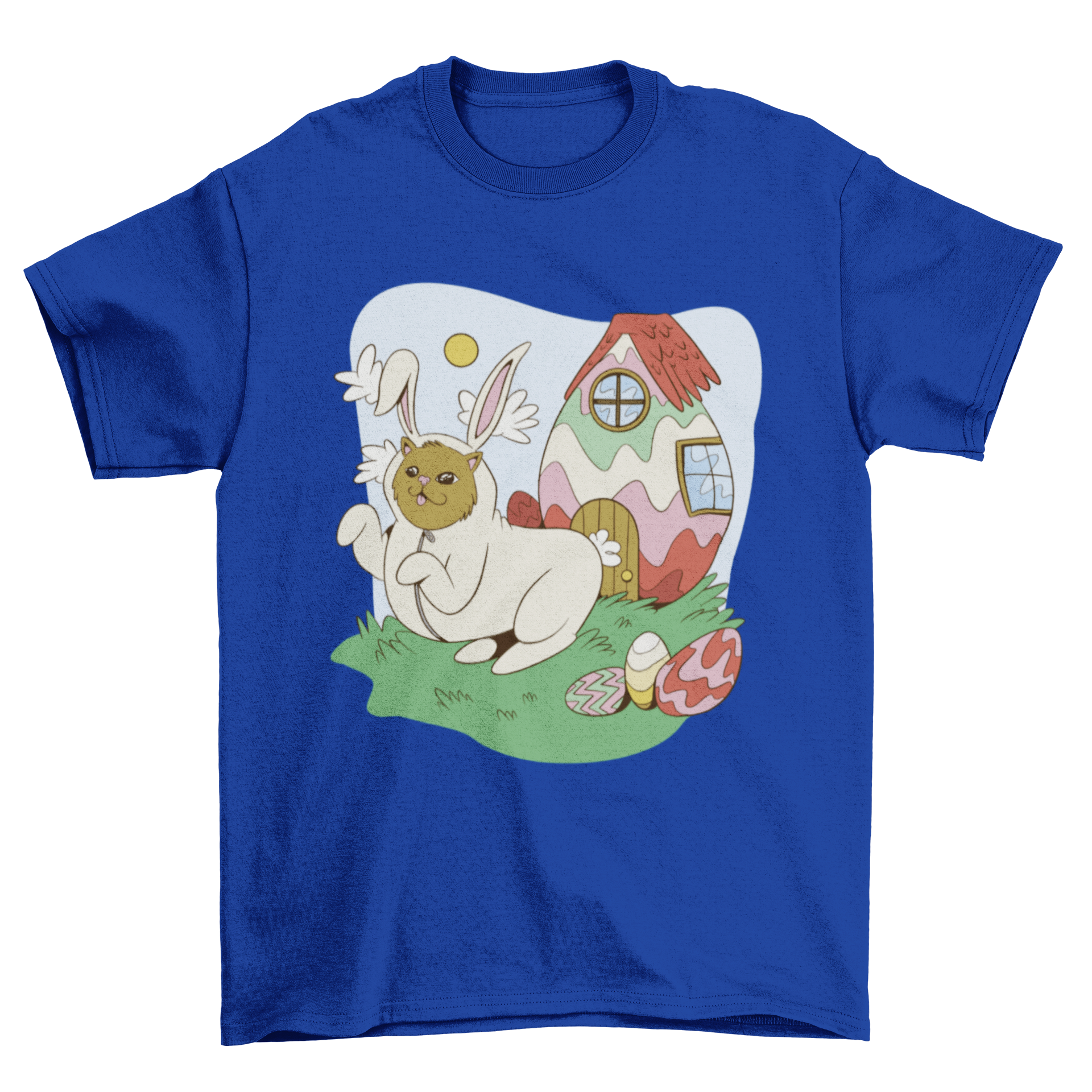 A playful cat dressed in a bunny costume surrounded by colorful Easter eggs on a t-shirt design.