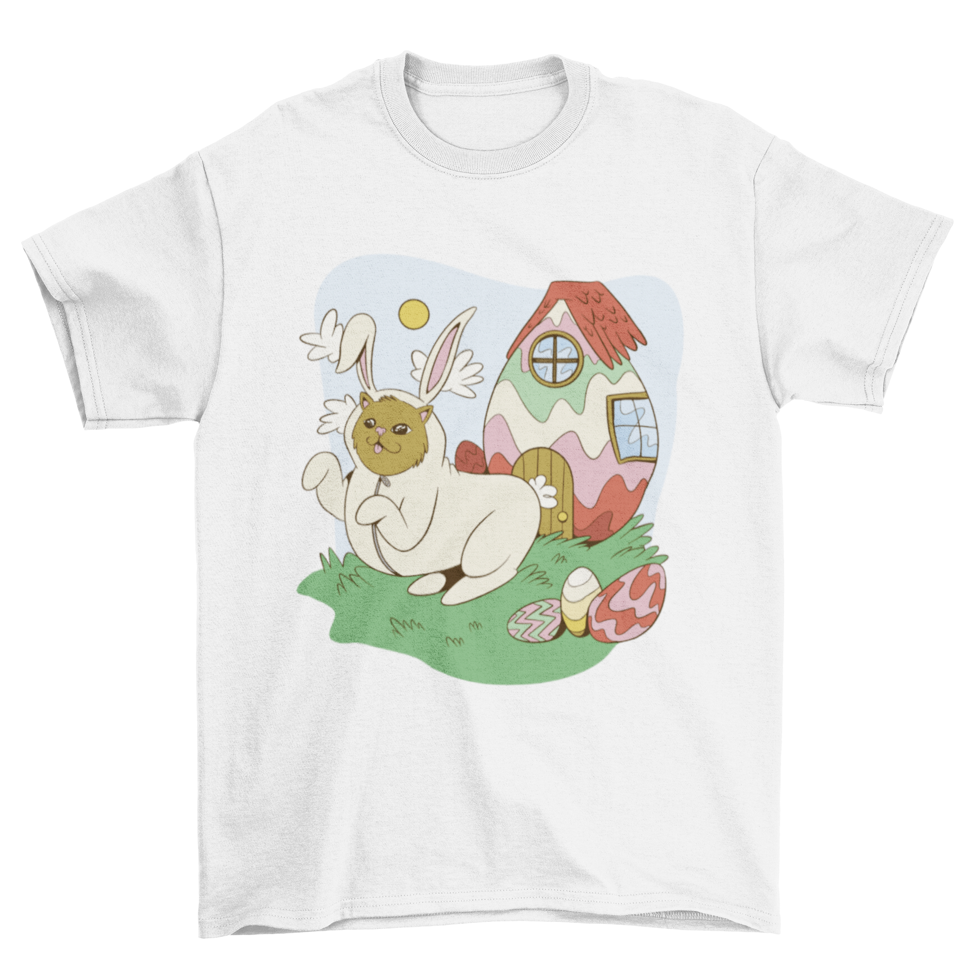A playful cat dressed in a bunny costume surrounded by colorful Easter eggs on a t-shirt design.