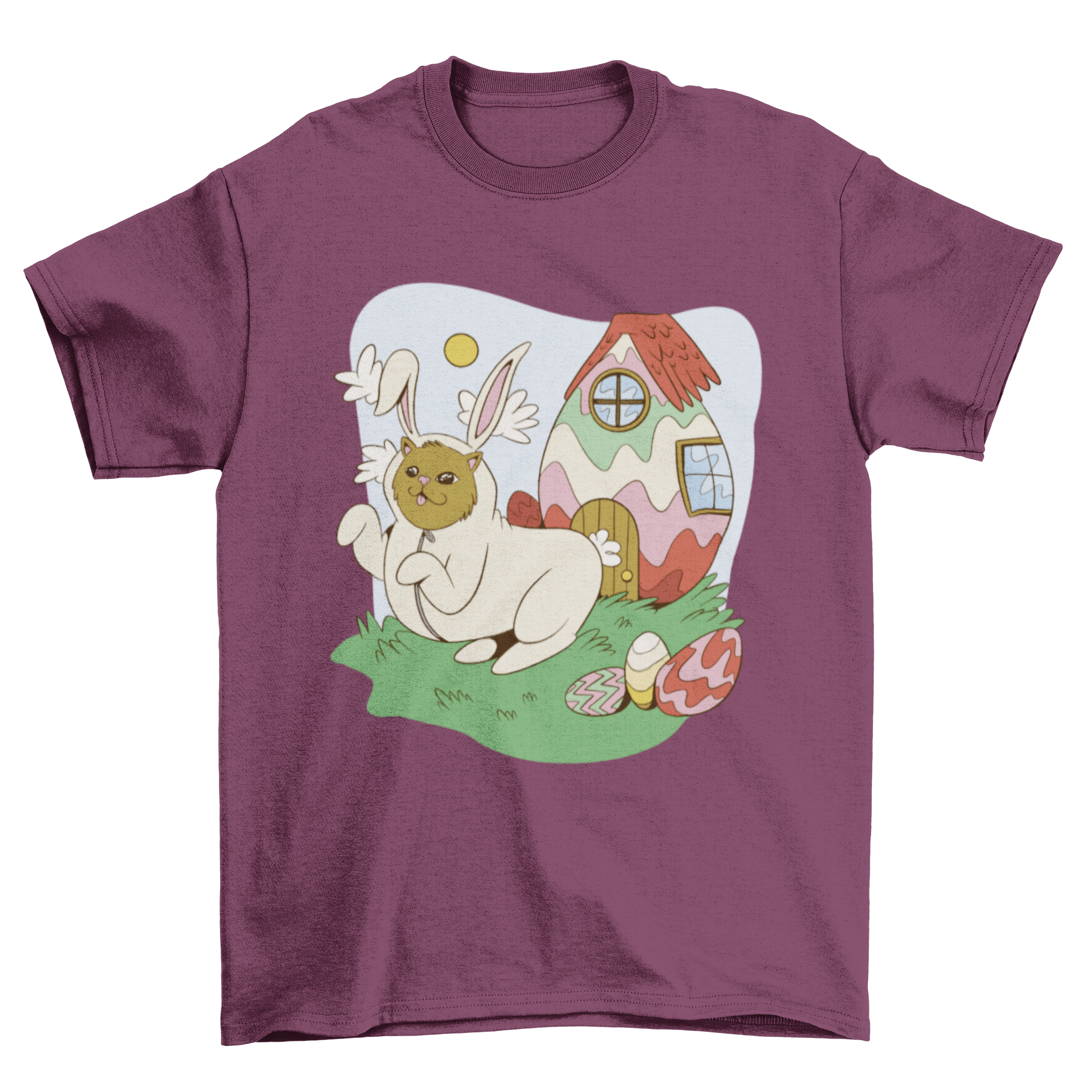 A playful cat dressed in a bunny costume surrounded by colorful Easter eggs on a t-shirt design.