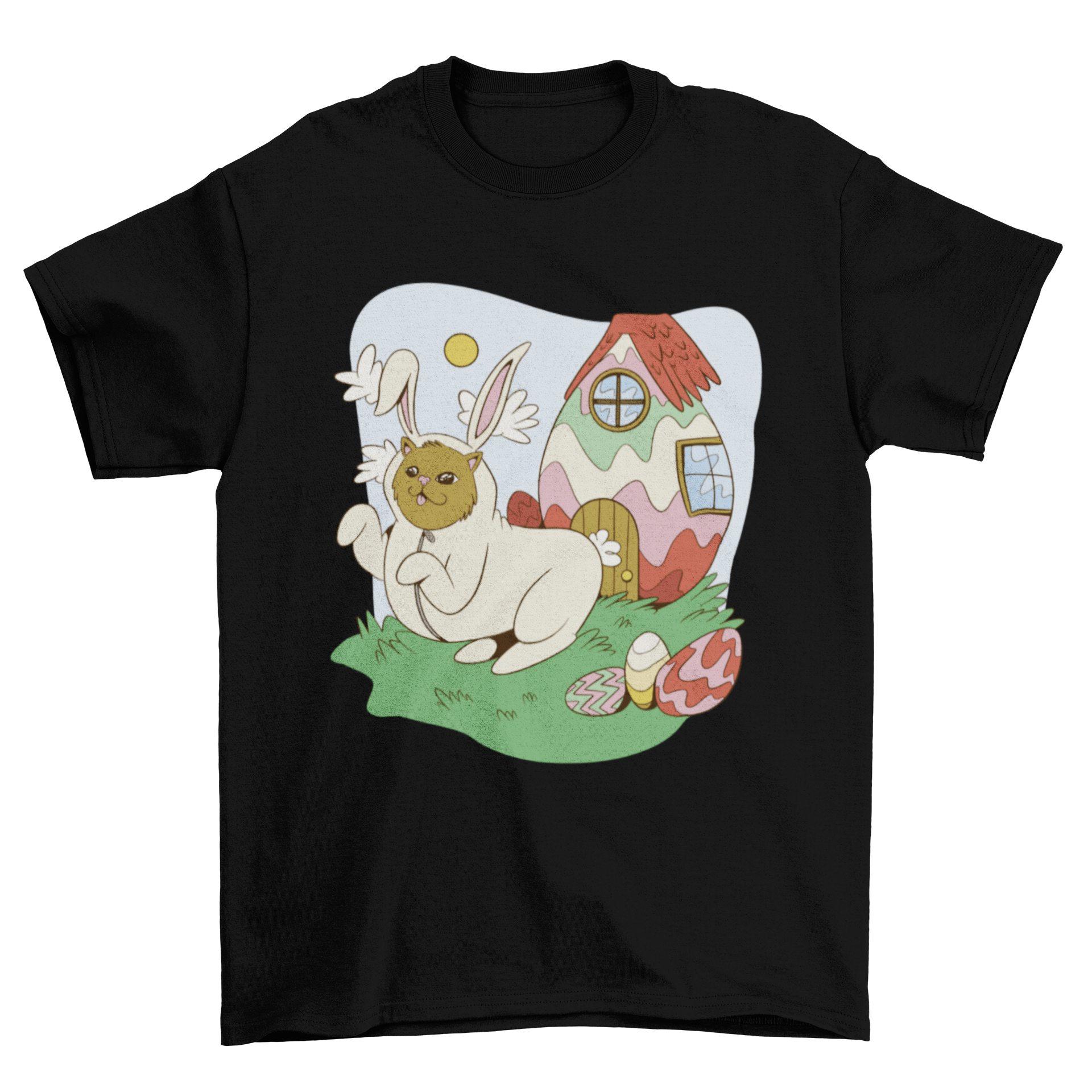 A playful cat dressed in a bunny costume surrounded by colorful Easter eggs on a t-shirt design.