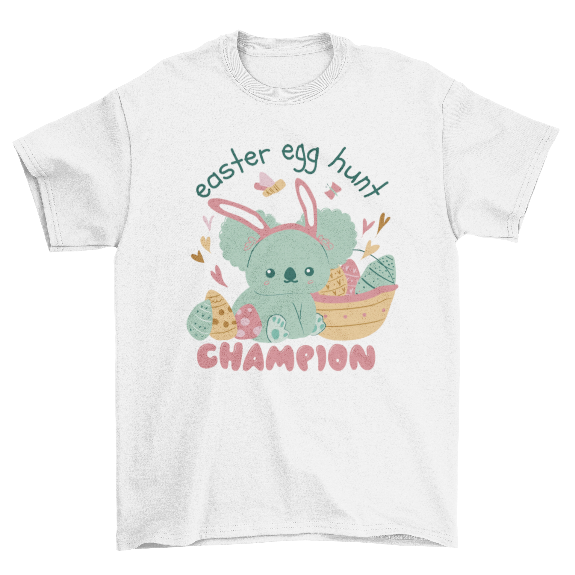 Cute koala t-shirt design featuring Easter eggs and the quote 'Easter egg hunt champion'.