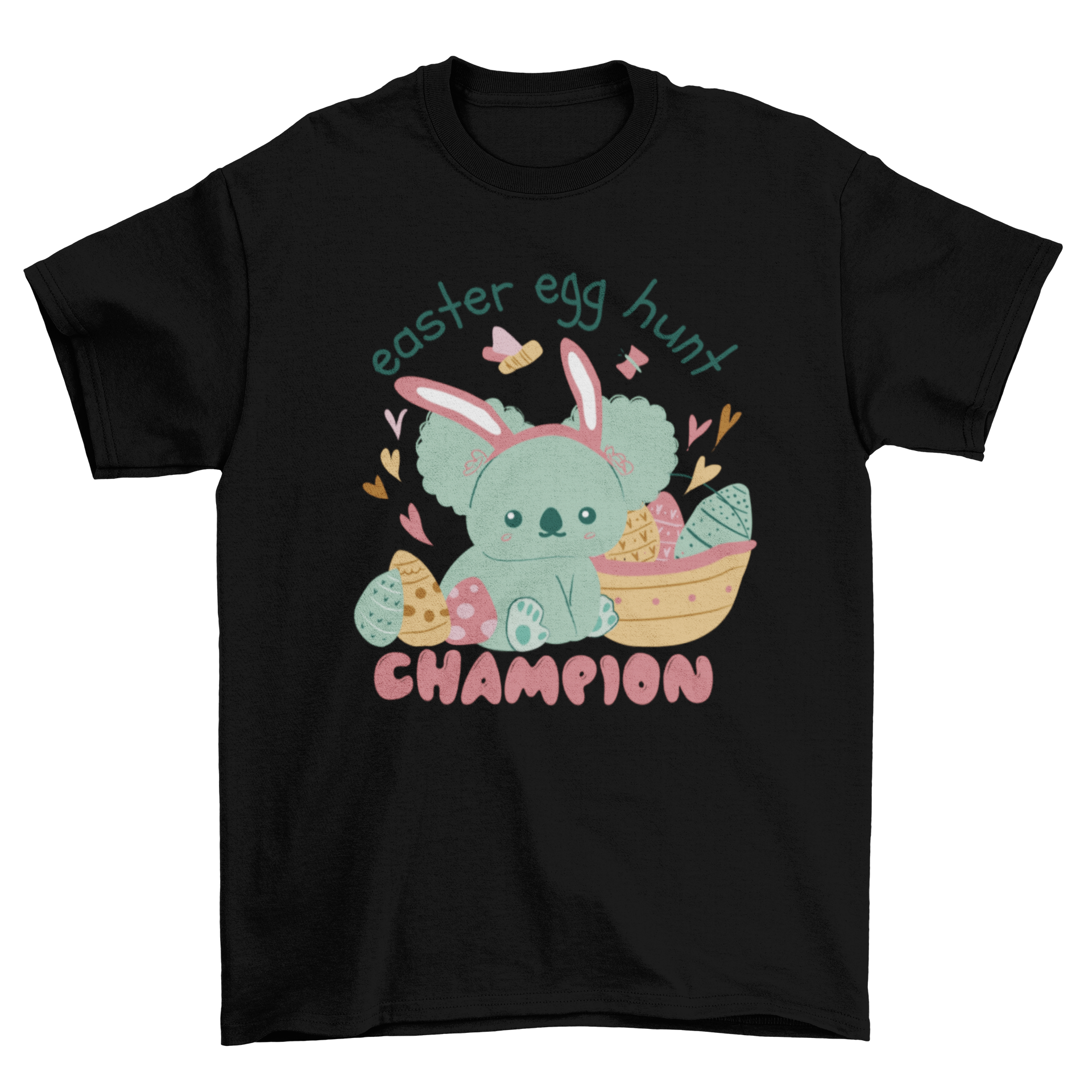 Cute koala t-shirt design featuring Easter eggs and the quote 'Easter egg hunt champion'.