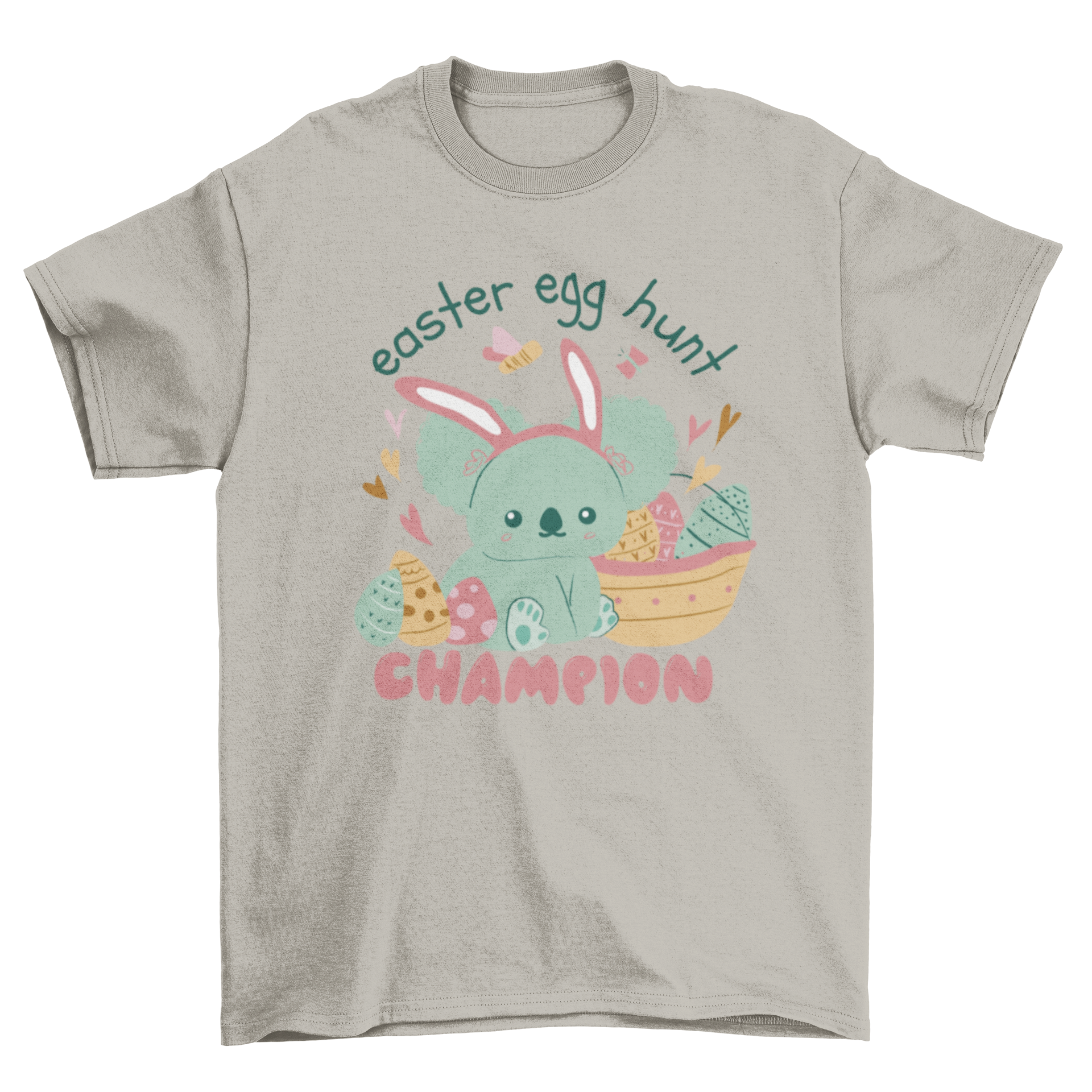 Cute koala t-shirt design featuring Easter eggs and the quote 'Easter egg hunt champion'.