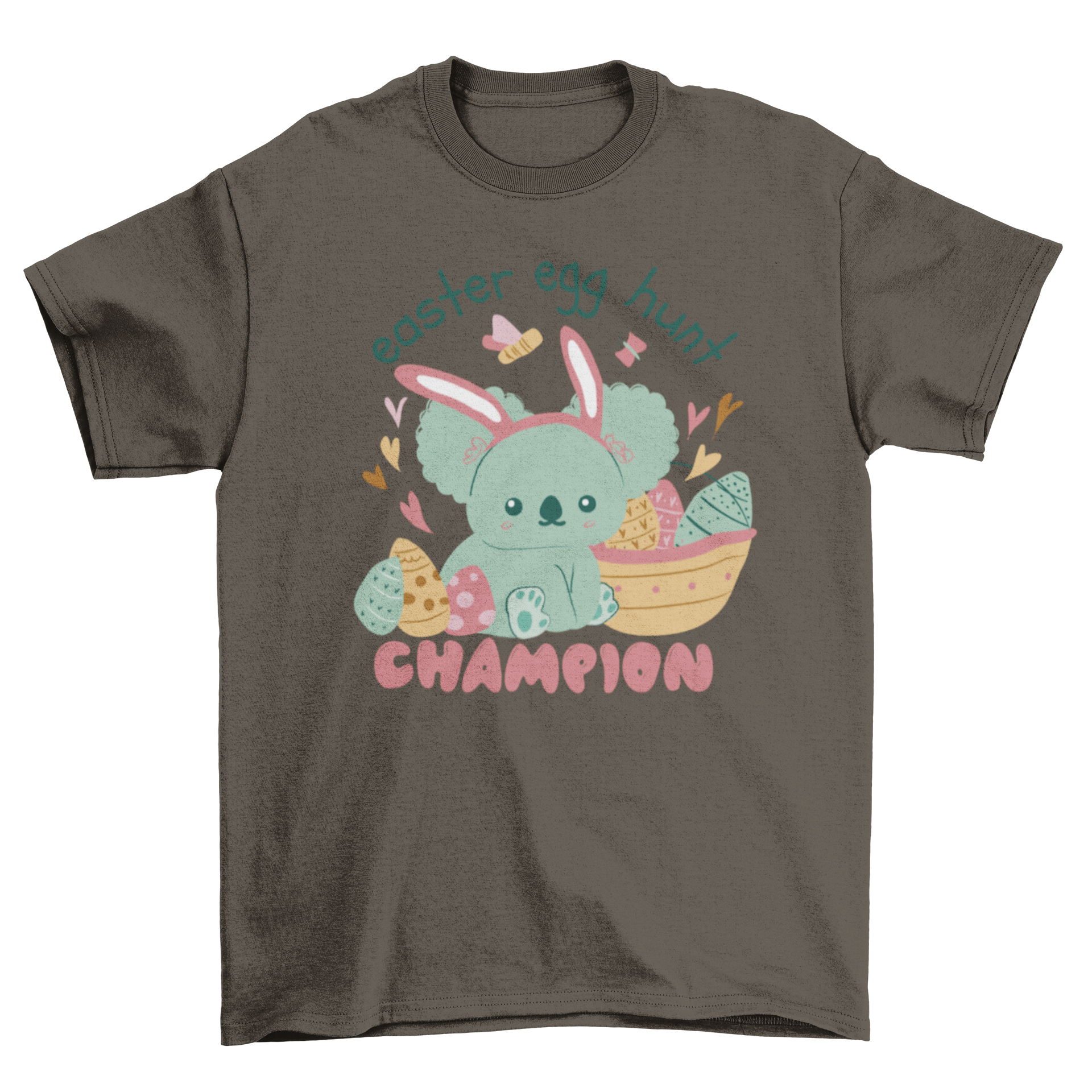Cute koala t-shirt design featuring Easter eggs and the quote 'Easter egg hunt champion'.