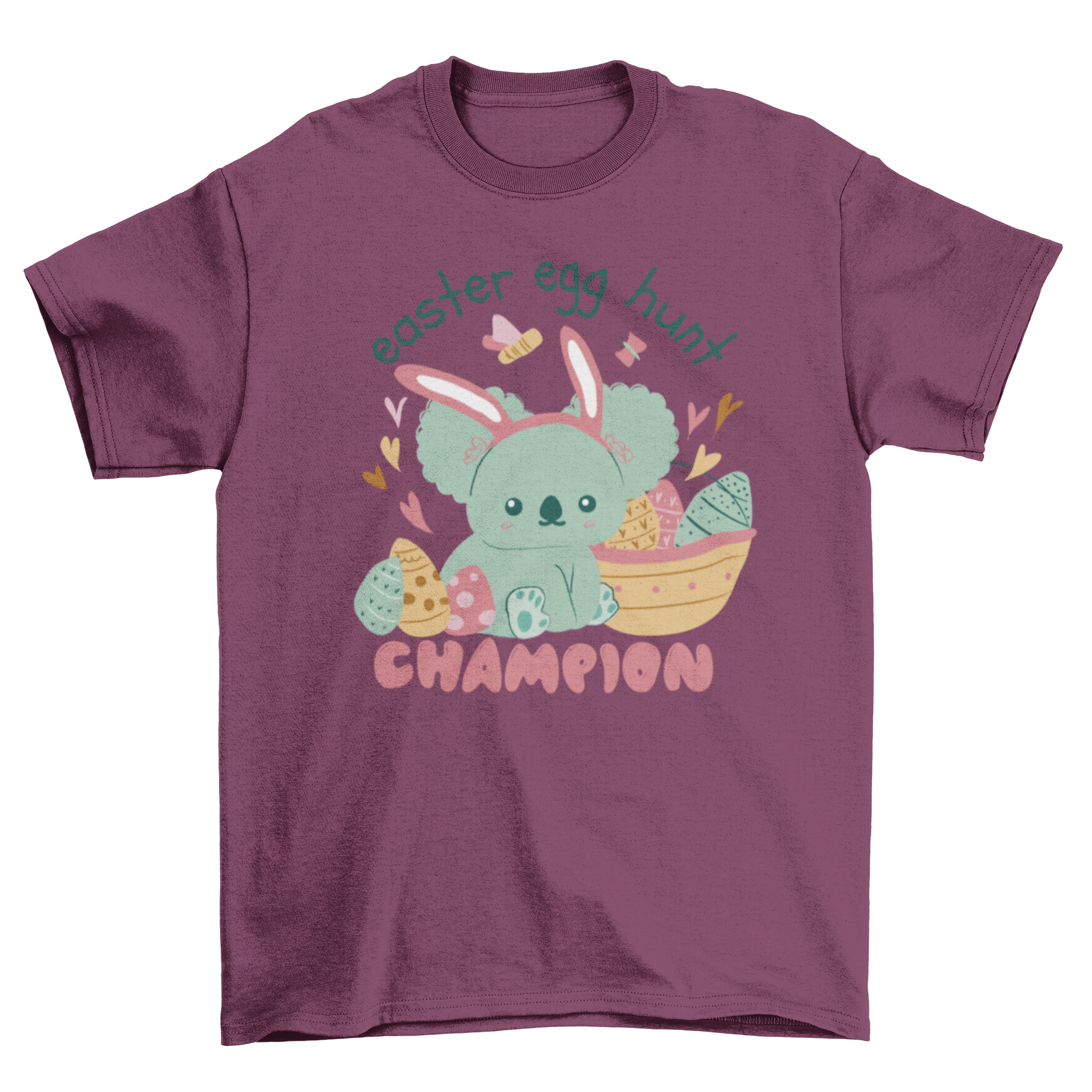 Cute koala t-shirt design featuring Easter eggs and the quote 'Easter egg hunt champion'.
