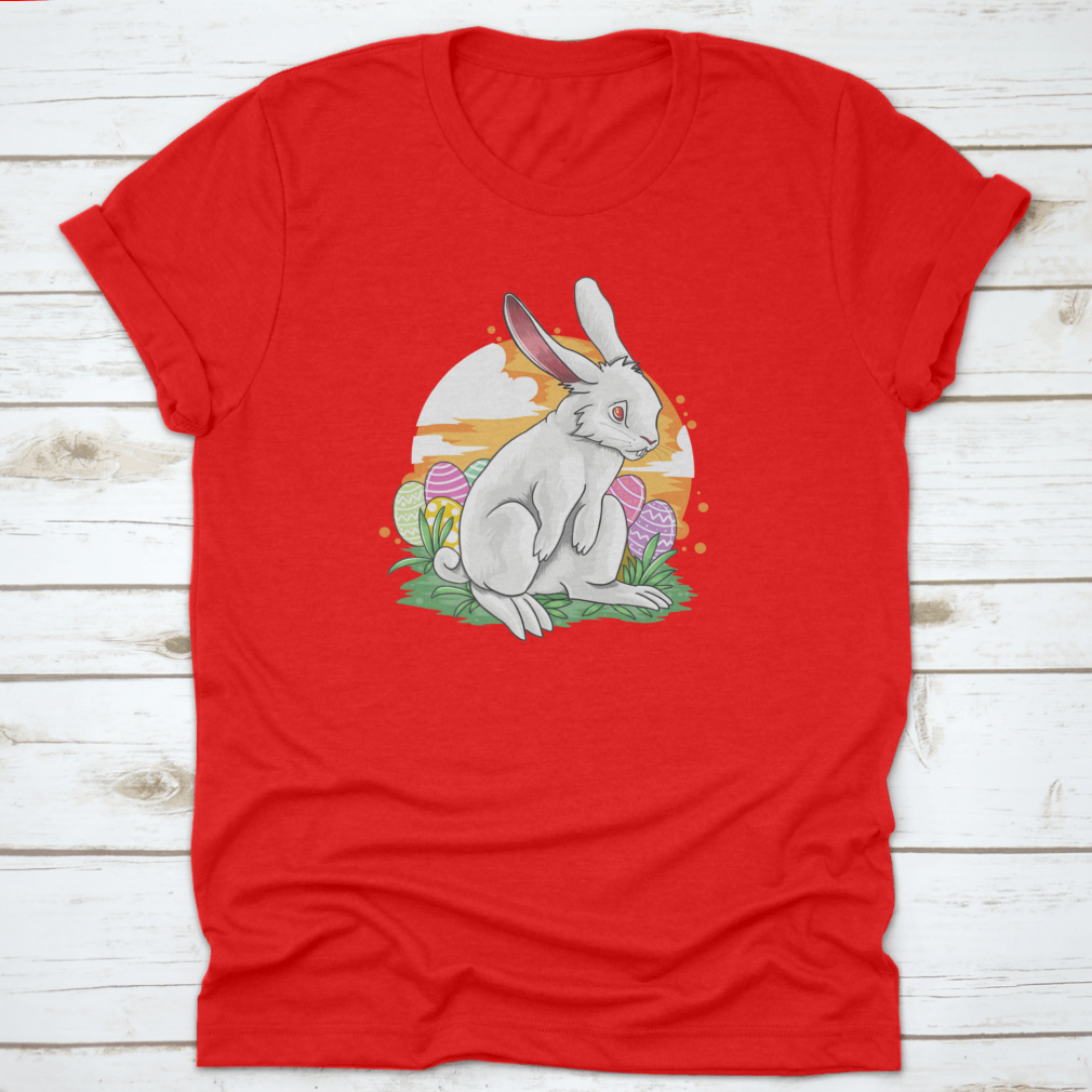 A sad rabbit surrounded by colorful Easter eggs in a vibrant vector design, perfect for Easter celebrations.