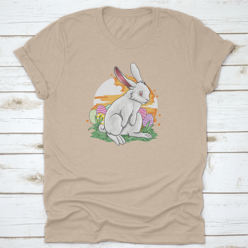 A sad rabbit surrounded by colorful Easter eggs in a vibrant vector design, perfect for Easter celebrations.