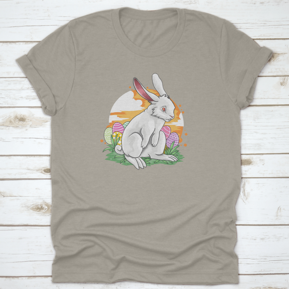 A sad rabbit surrounded by colorful Easter eggs in a vibrant vector design, perfect for Easter celebrations.