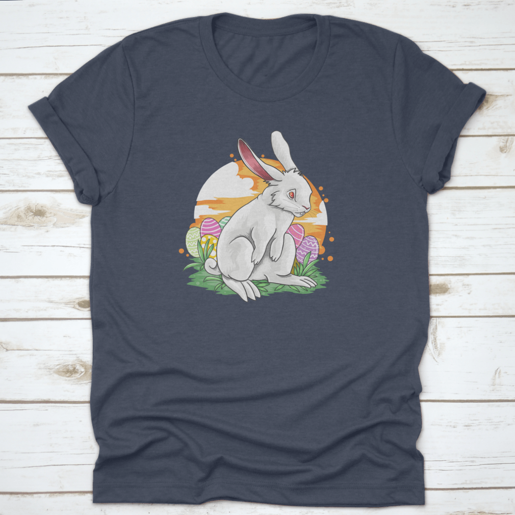 A sad rabbit surrounded by colorful Easter eggs in a vibrant vector design, perfect for Easter celebrations.