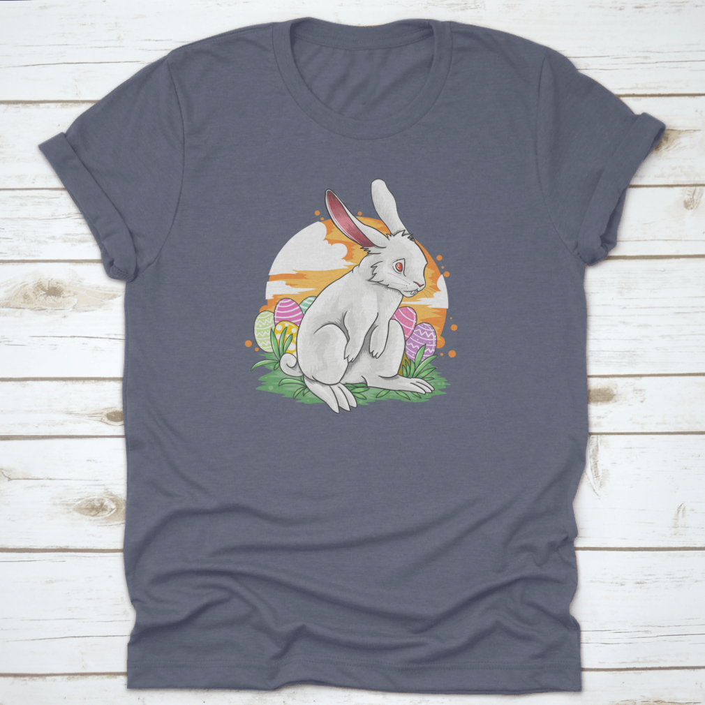 A sad rabbit surrounded by colorful Easter eggs in a vibrant vector design, perfect for Easter celebrations.