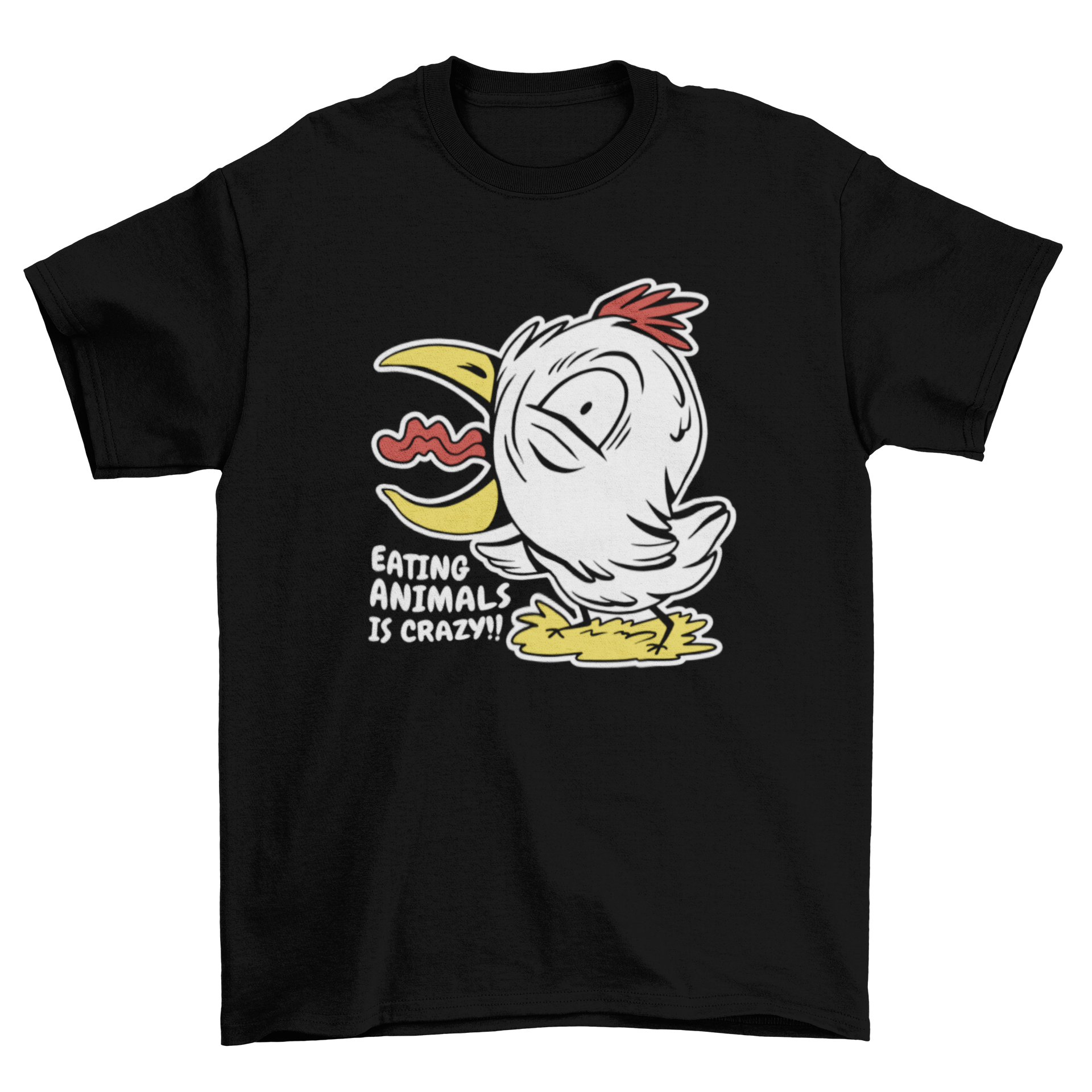 A playful chicken character on a t-shirt with the quote 'Eating animals is crazy', showcasing a fun and meaningful design.
