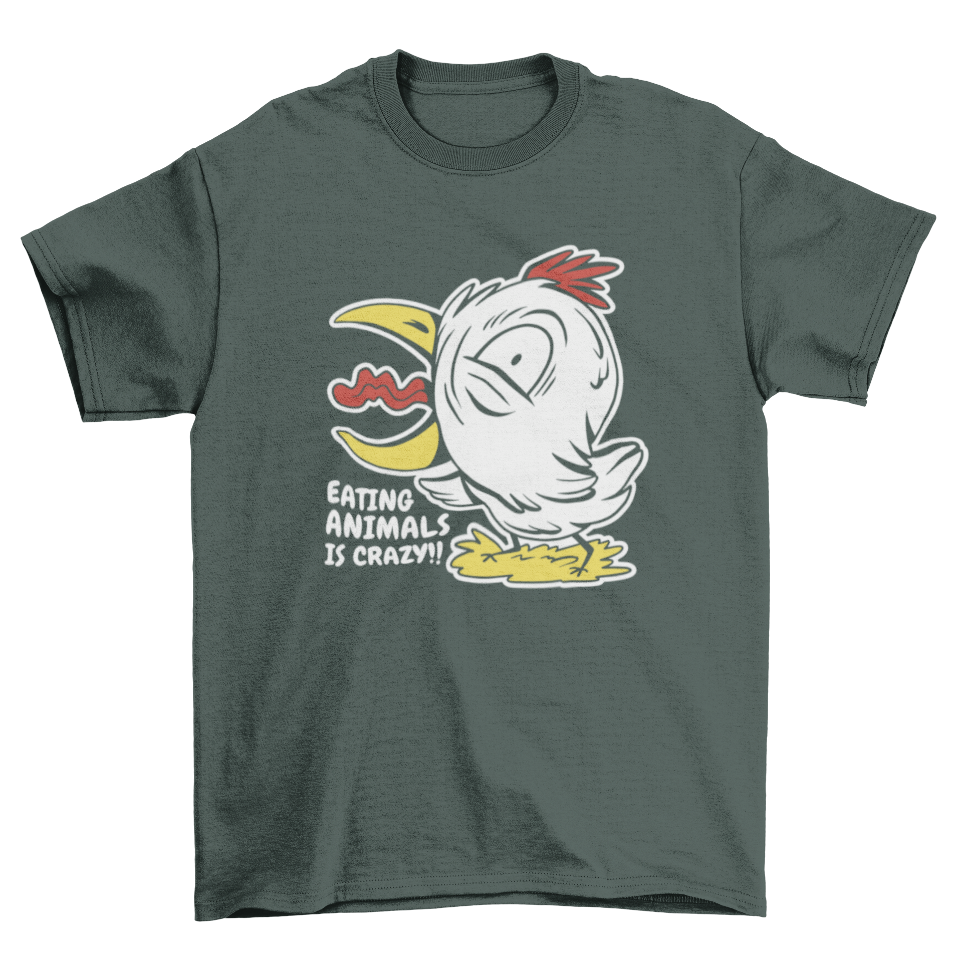 A playful chicken character on a t-shirt with the quote 'Eating animals is crazy', showcasing a fun and meaningful design.