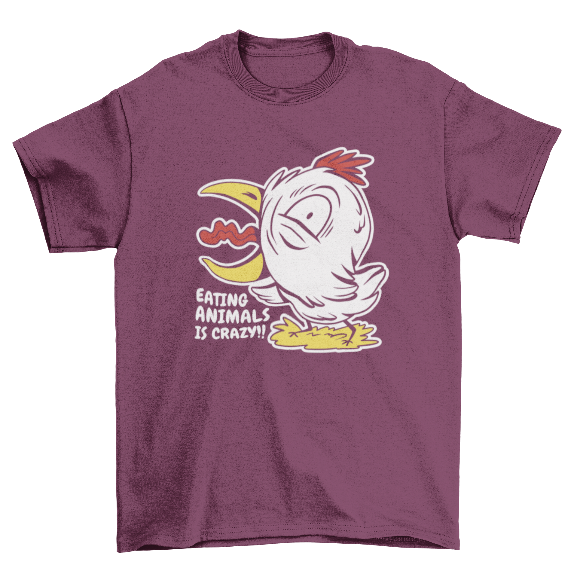 A playful chicken character on a t-shirt with the quote 'Eating animals is crazy', showcasing a fun and meaningful design.