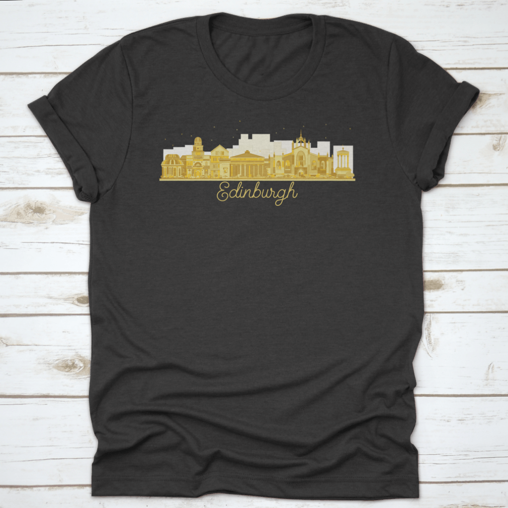 Golden silhouette vector illustration of Edinburgh Scotland city skyline featuring iconic buildings and landmarks.
