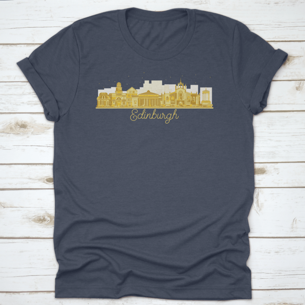 Golden silhouette vector illustration of Edinburgh Scotland city skyline featuring iconic buildings and landmarks.