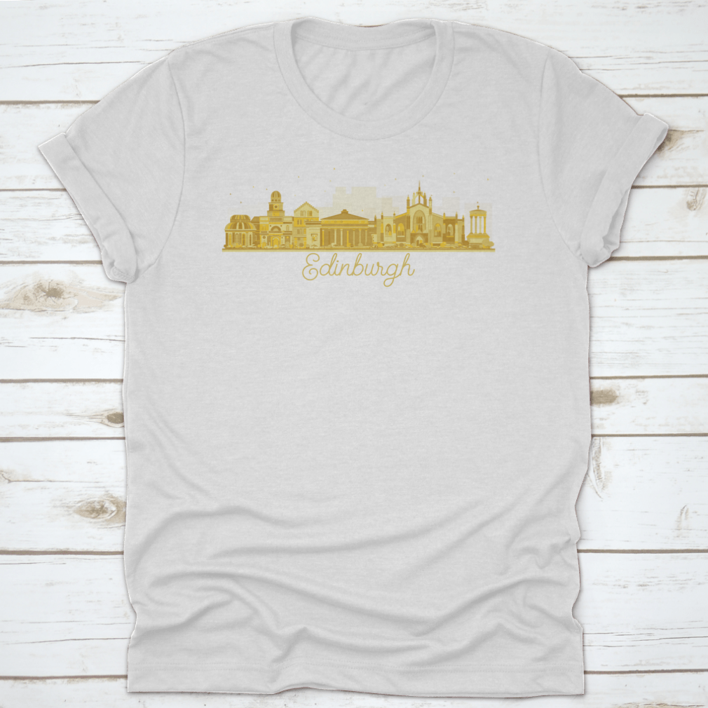 Golden silhouette vector illustration of Edinburgh Scotland city skyline featuring iconic buildings and landmarks.