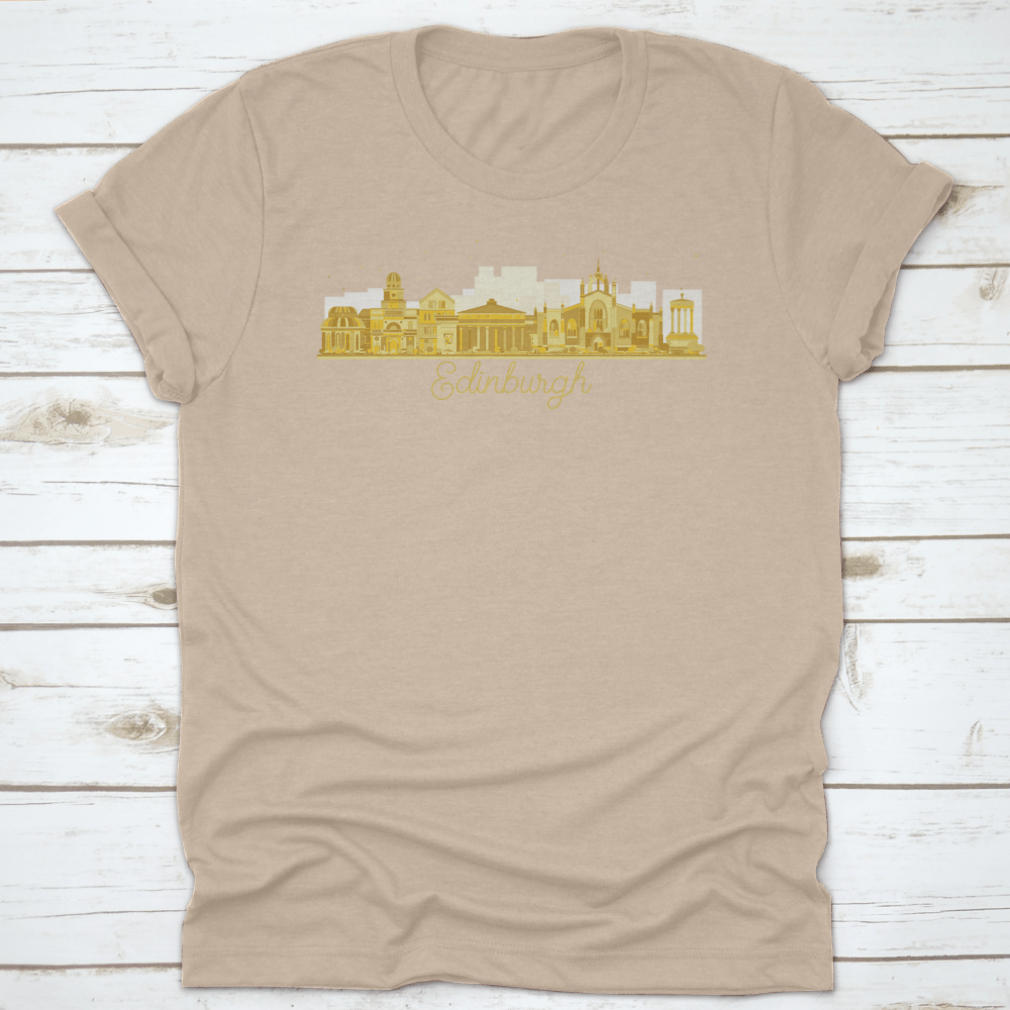 Golden silhouette vector illustration of Edinburgh Scotland city skyline featuring iconic buildings and landmarks.