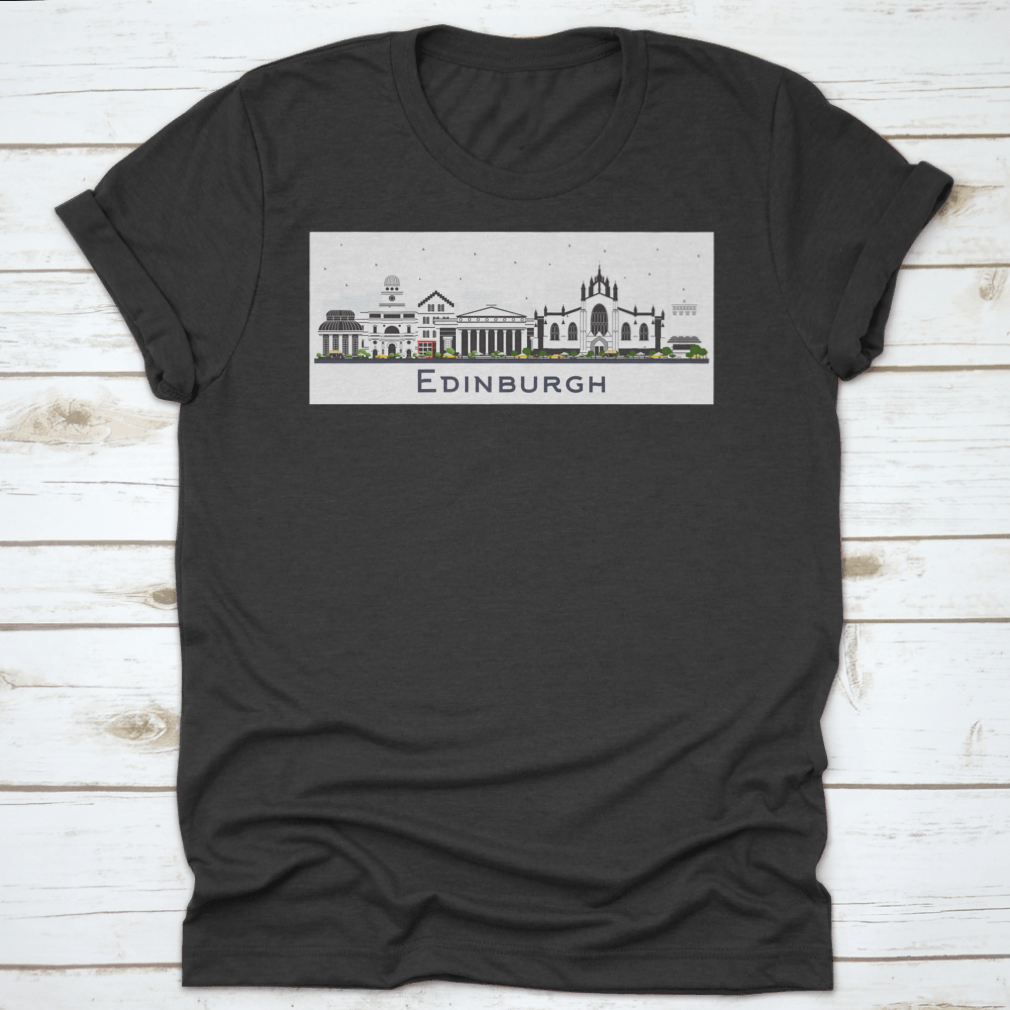 A colorful t-shirt featuring the Edinburgh Scotland city skyline design, showcasing vibrant buildings against a white background.