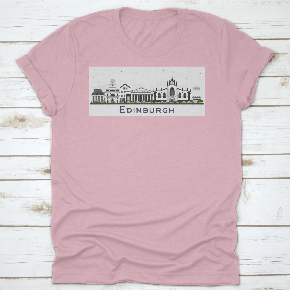A colorful t-shirt featuring the Edinburgh Scotland city skyline design, showcasing vibrant buildings against a white background.