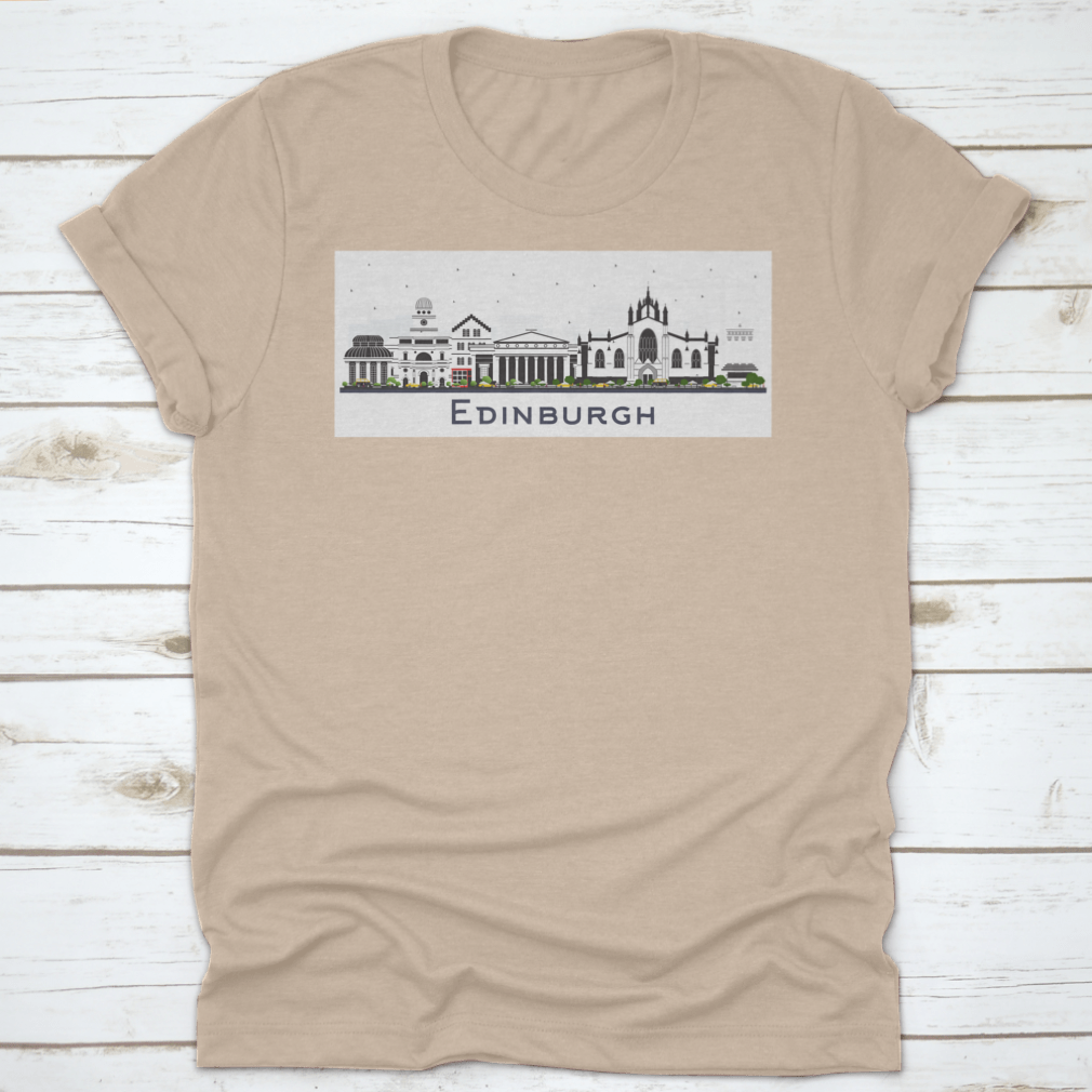 A colorful t-shirt featuring the Edinburgh Scotland city skyline design, showcasing vibrant buildings against a white background.