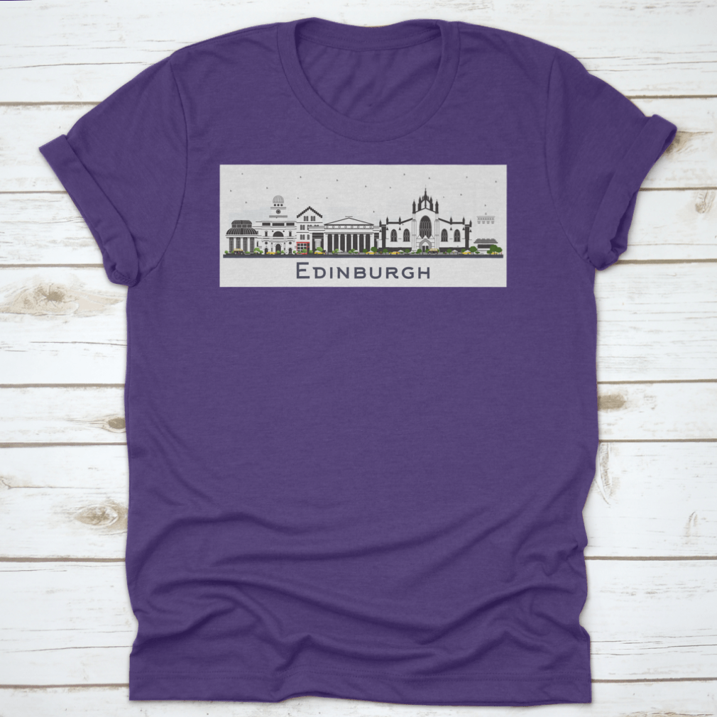 A colorful t-shirt featuring the Edinburgh Scotland city skyline design, showcasing vibrant buildings against a white background.