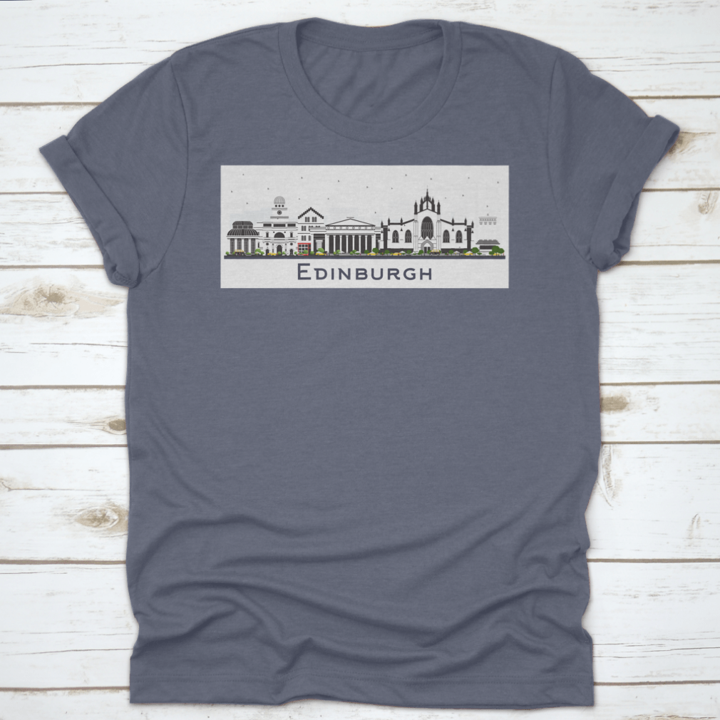 A colorful t-shirt featuring the Edinburgh Scotland city skyline design, showcasing vibrant buildings against a white background.