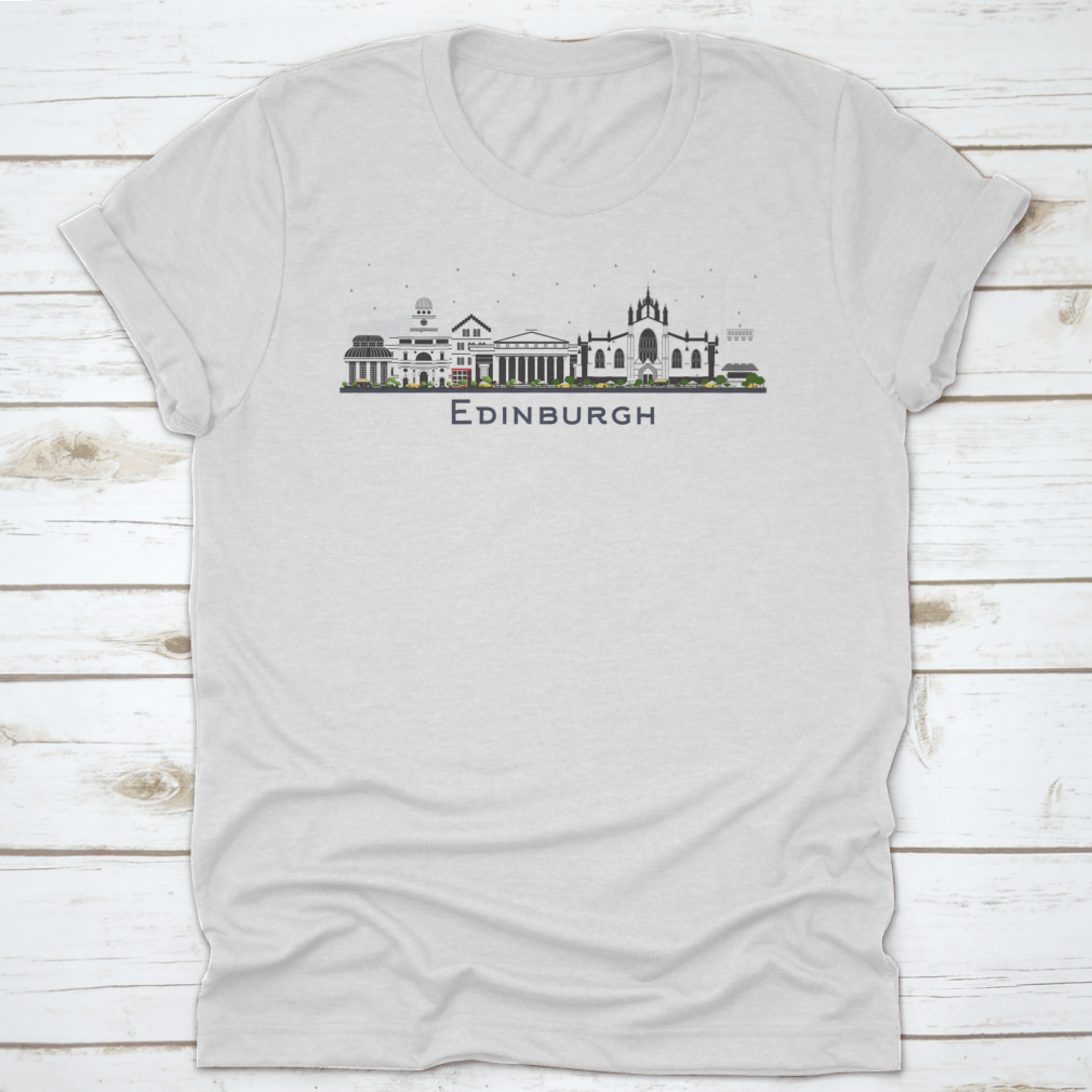 A colorful t-shirt featuring the Edinburgh Scotland city skyline design, showcasing vibrant buildings against a white background.