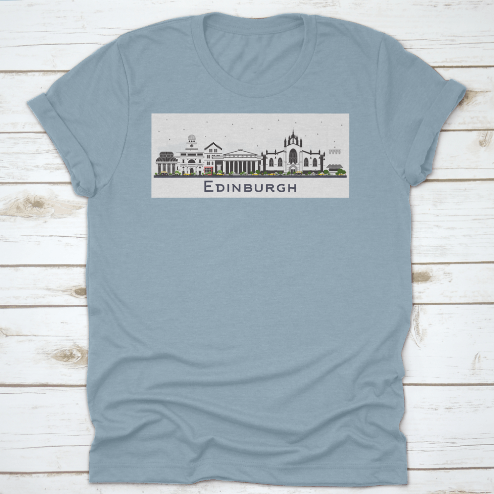 A colorful t-shirt featuring the Edinburgh Scotland city skyline design, showcasing vibrant buildings against a white background.