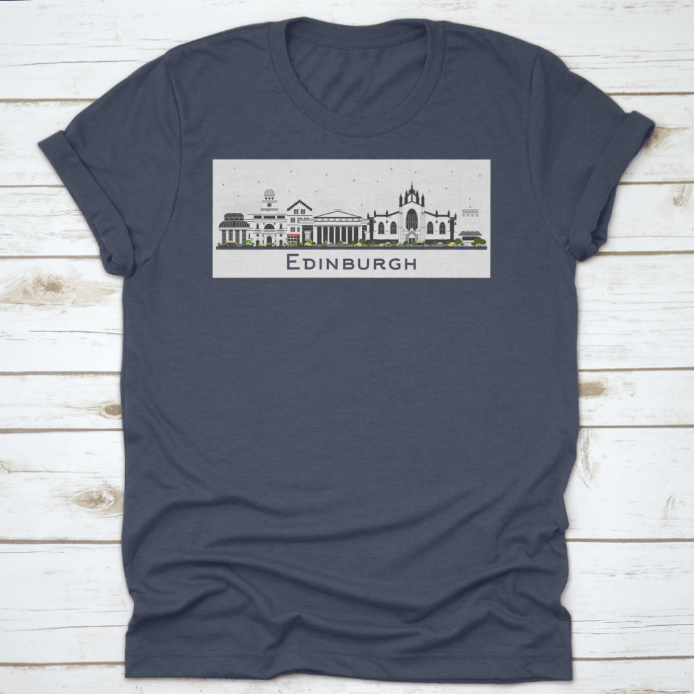 A colorful t-shirt featuring the Edinburgh Scotland city skyline design, showcasing vibrant buildings against a white background.