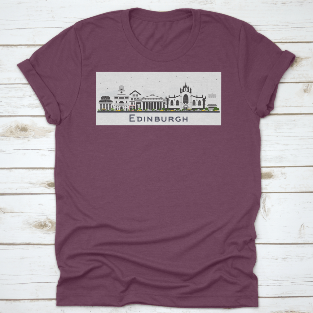 A colorful t-shirt featuring the Edinburgh Scotland city skyline design, showcasing vibrant buildings against a white background.