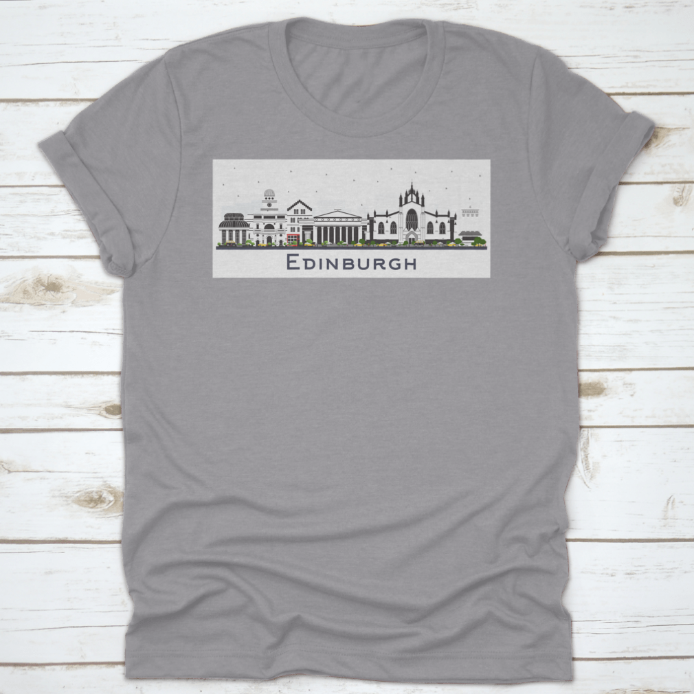 A colorful t-shirt featuring the Edinburgh Scotland city skyline design, showcasing vibrant buildings against a white background.