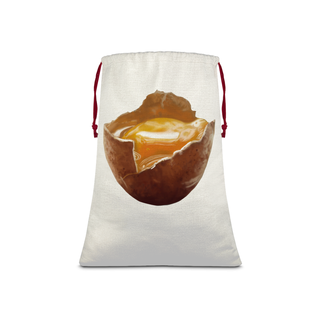 Egg Sublimation Linen Drawstring Sack with red drawstring, showcasing its linen effect and eco-friendly print.