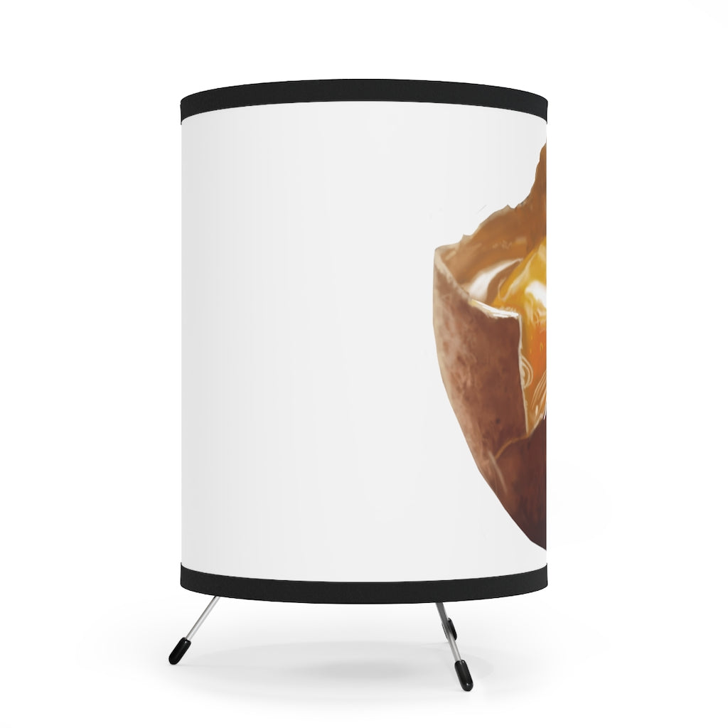 Egg Tripod Lamp with a high-resolution printed shade and galvanized steel tripod base, designed for US and CA plug sockets.