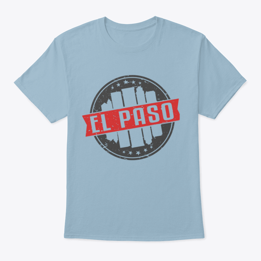 A stylish El Paso Texas round travel stamp design shirt made from 100% cotton, showcasing a unique graphic print.