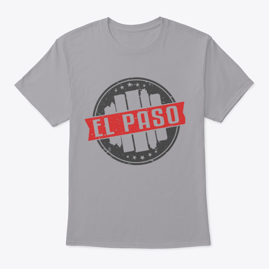 A stylish El Paso Texas round travel stamp design shirt made from 100% cotton, showcasing a unique graphic print.