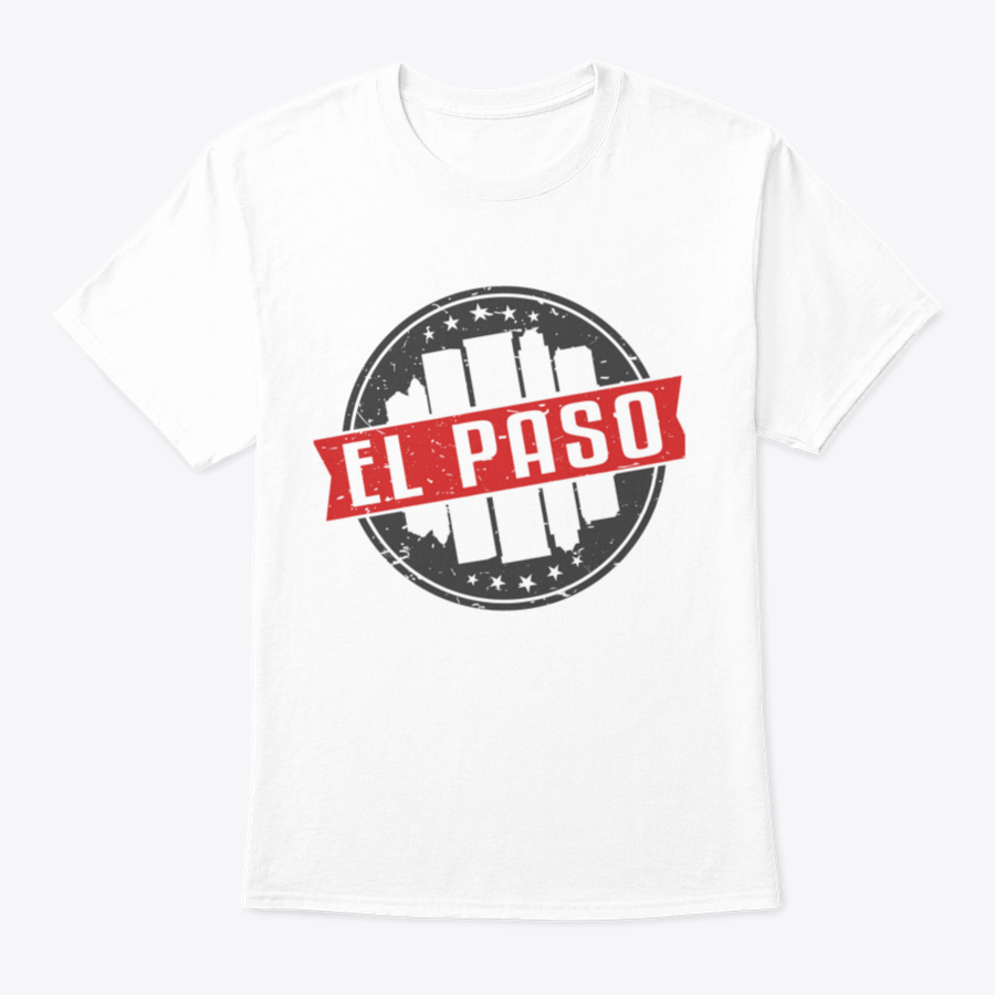 A stylish El Paso Texas round travel stamp design shirt made from 100% cotton, showcasing a unique graphic print.