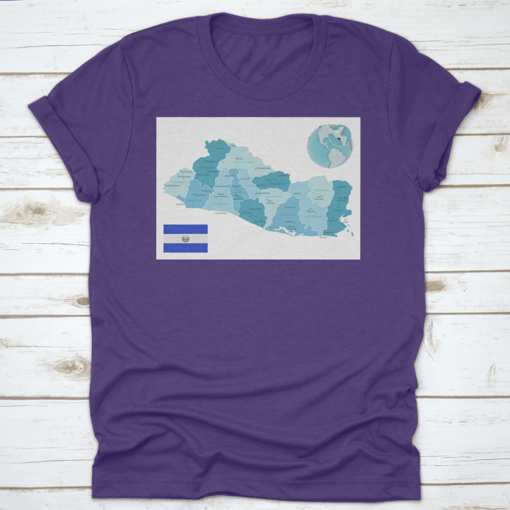 El Salvador Administrative Blue-Green Map T-shirt featuring the country's flag and vibrant map design.