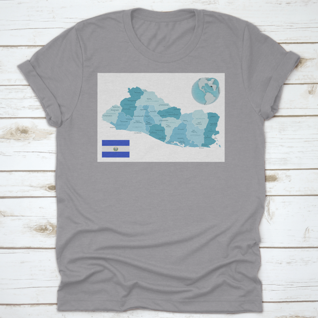El Salvador Administrative Blue-Green Map T-shirt featuring the country's flag and vibrant map design.