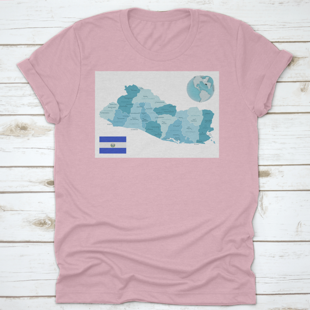 El Salvador Administrative Blue-Green Map T-shirt featuring the country's flag and vibrant map design.